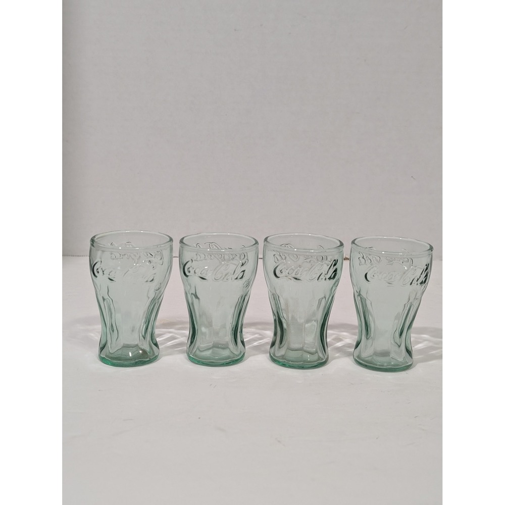 Coca-Cola mini Glasses Set of 4 Green Excellent Embossed Logo Georgia Green 4oz